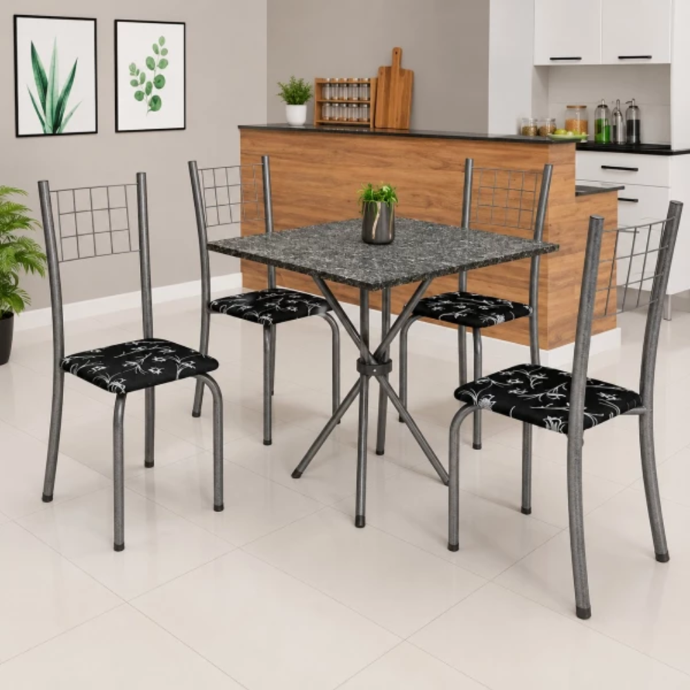Conjunto Mesa Dany Tampo Granito Topázil 4C 70x70 Floral Cinza Laca Soma