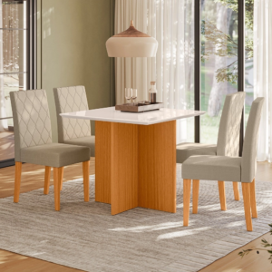 Conjunto Mesa Helo 4C Jade 90x90 c/ Vidro Freijo UV Off White Poliman