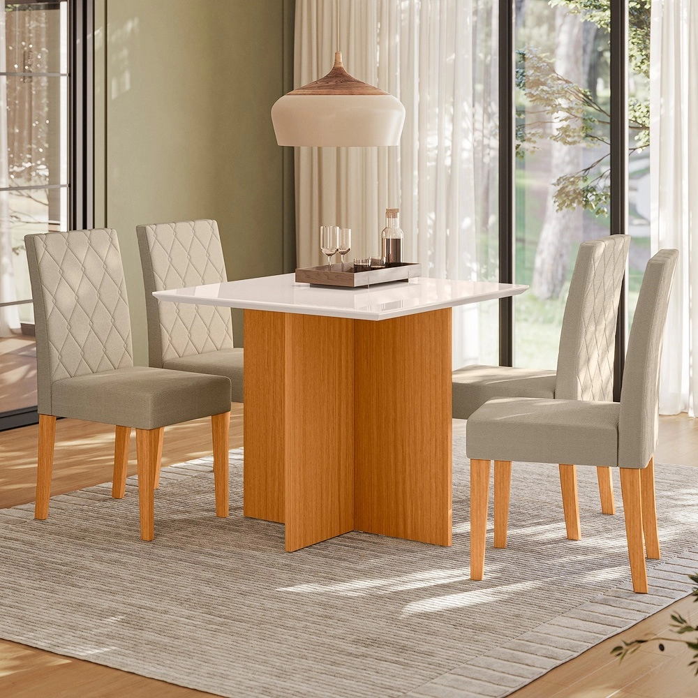 Conjunto Mesa Helo 4C Jade 90x90 c/ Vidro Freijo UV Off White Poliman