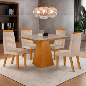 Conjunto Mesa Prada 4C 90x90 Tampo Tic c/ Vidro Castanho Cinamomo Lj Móveis