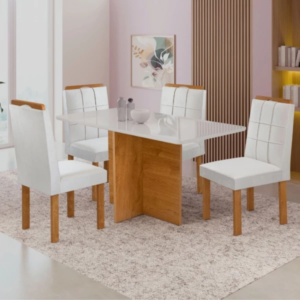 Conjunto Mesa Salinas 4C 120x80 Tampo Londres Plus c/ Vidro White Off Cinamomo Cel Móveis