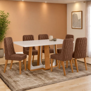 Conjunto Mesa Sintonia Tampo Maxi Cad Luar 6C 170x90 c/ Vidro Avela Amedoa Clean Off White Lopas