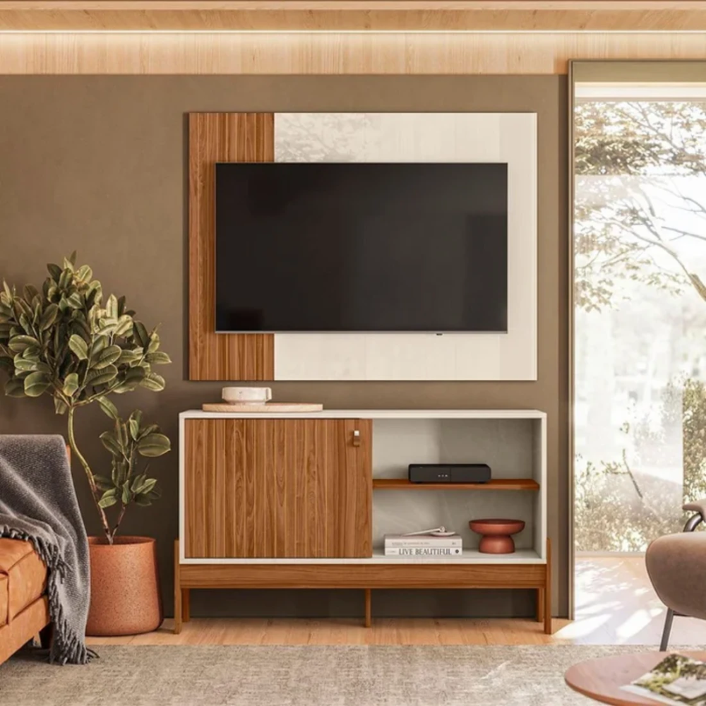 Rack Painel 1.2 Wood Cinamomo Mel Off White Mobler - Imagem 2