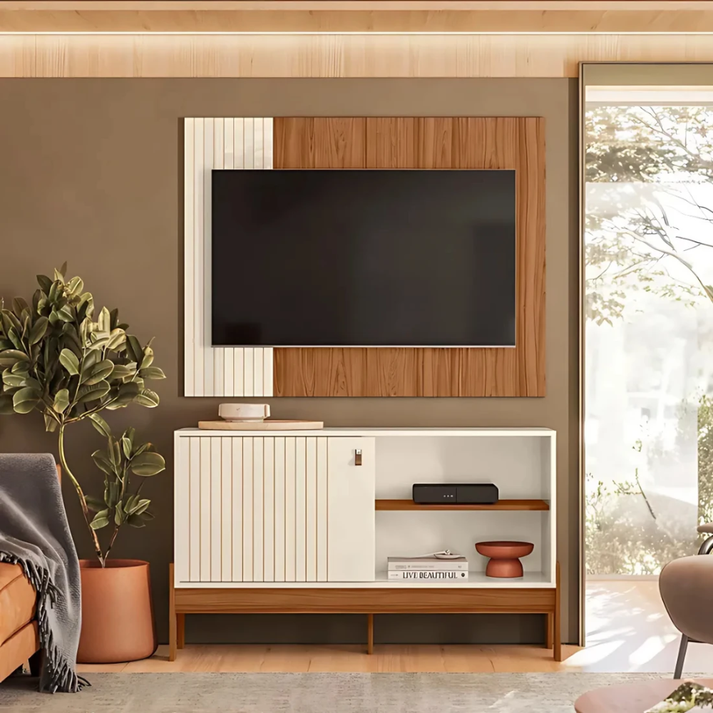 Rack Painel 1.2 Wood Cinamomo Mel Perola Metalizado Mobler
