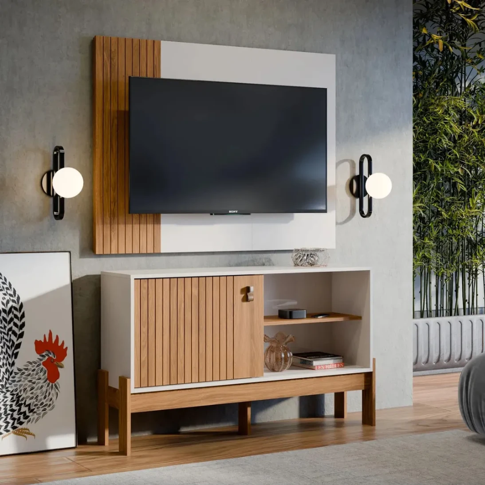 Rack Painel 1.2 Wood Cinamomo Mel Off White Mobler
